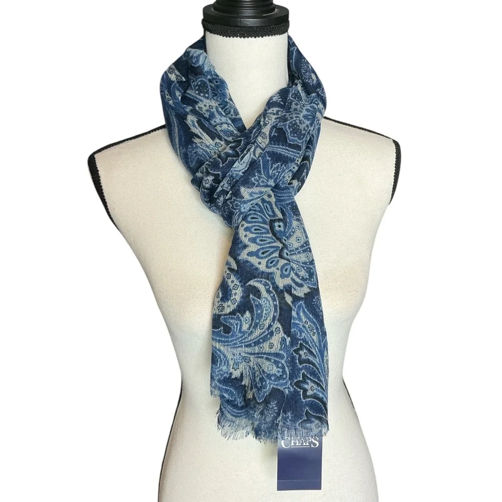 Chaps Blue Paisley Scarf Women OS NWT Lightweight Eyelash Fringe CF0026